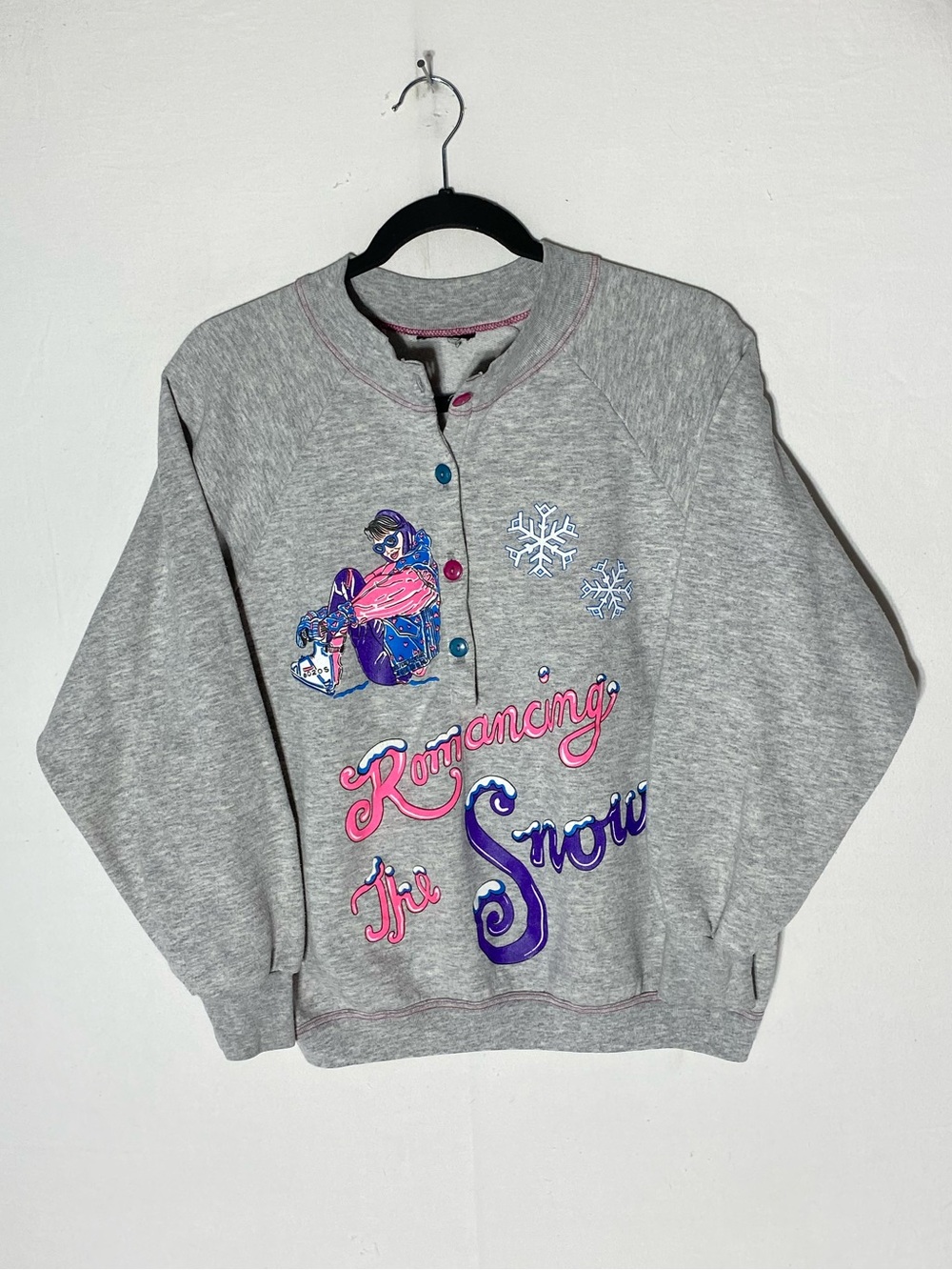 Vintage Romancing The Snow Grey Pullover Sweatshirt W Pink & Purple Graphic M